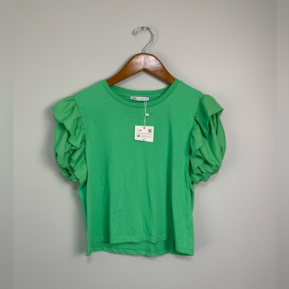 Zara Green Ruffled Sleeve Tee - Picture 2 of 10